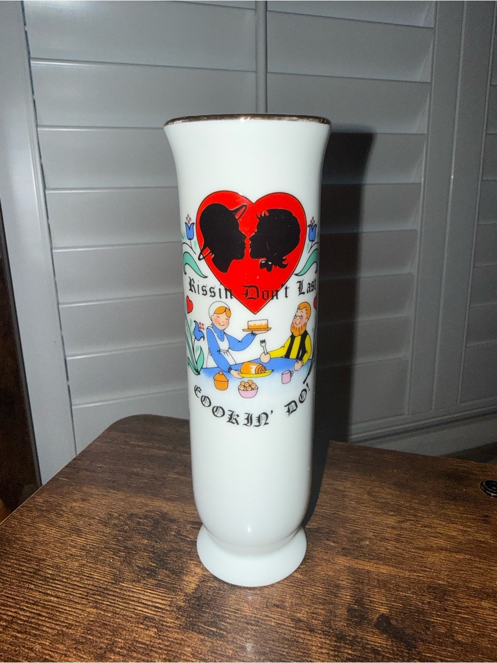 White Glass Decorative Vase with Red Heart Graphic
